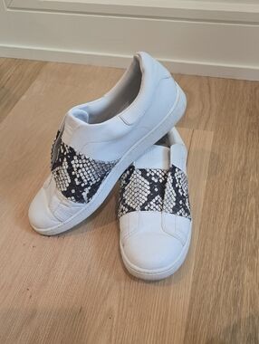 White Slip-On Sneakers with Black & White Snakeskin Detail